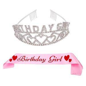 BIRTHDAY GIRL RHINESTONE TIARA PRINCESS AND PINK SASH