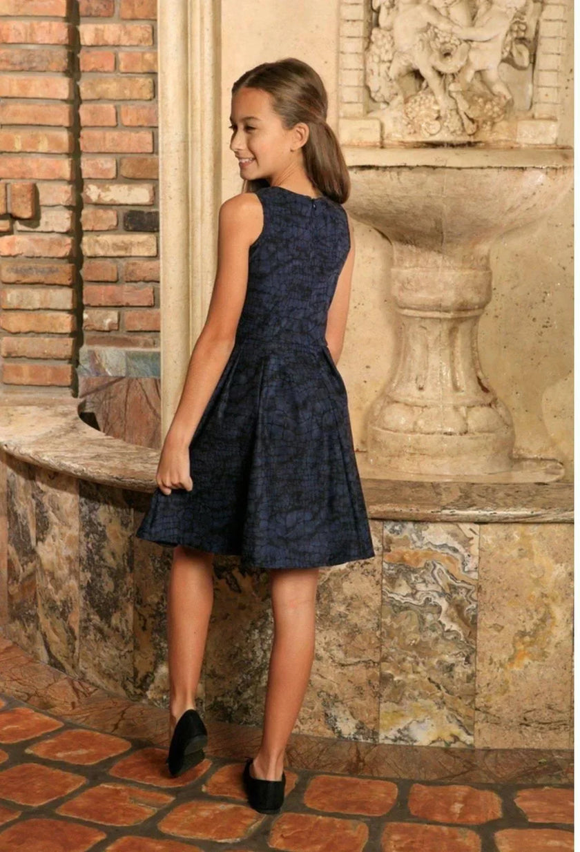 TWEEN GIRLS NAVY ANIMAL PRINT SLEEVELESS SKATER FIT & FLARE PARTY DRESS