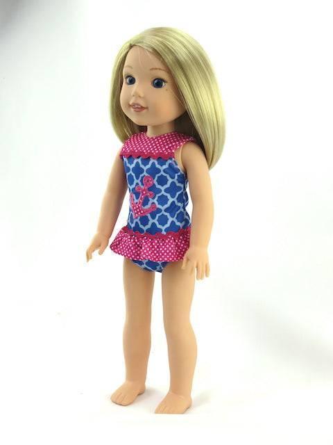 BLUE & PINK ANCHOR SWIMSUIT FOR WELLIE WISHERS & 14 Inch Doll