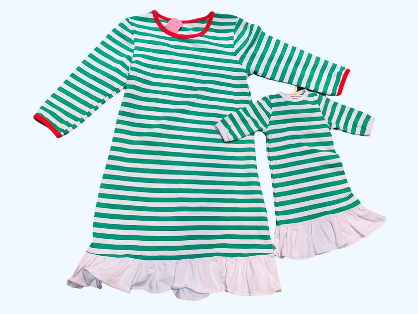 GIRLS & DOLLS MATCHING STIPE LONG SLEEVEMAXI NIGHTGOWN