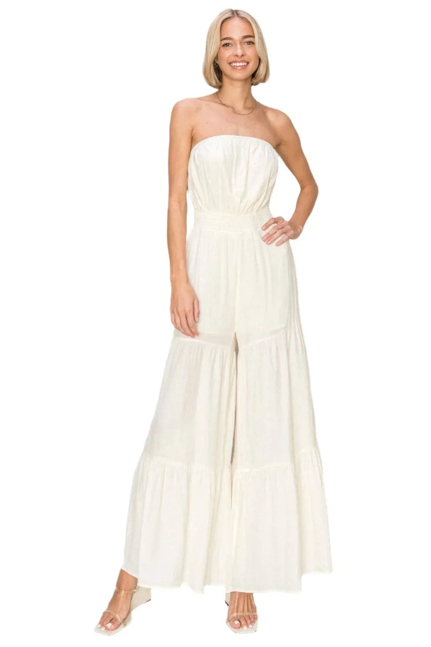 Serena’s Strapless Boho Textured Tiered Temptation Jumpsuit