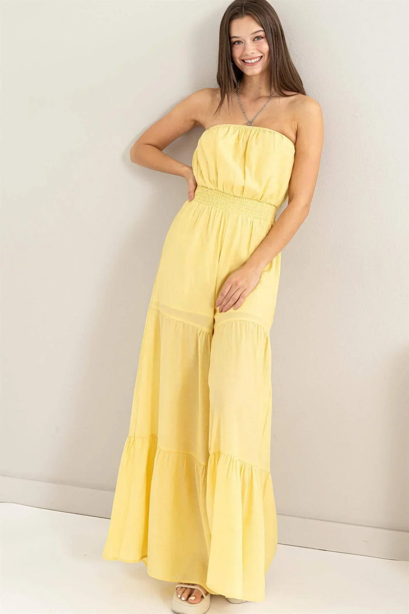 Serena’s Strapless Boho Textured Tiered Temptation Jumpsuit