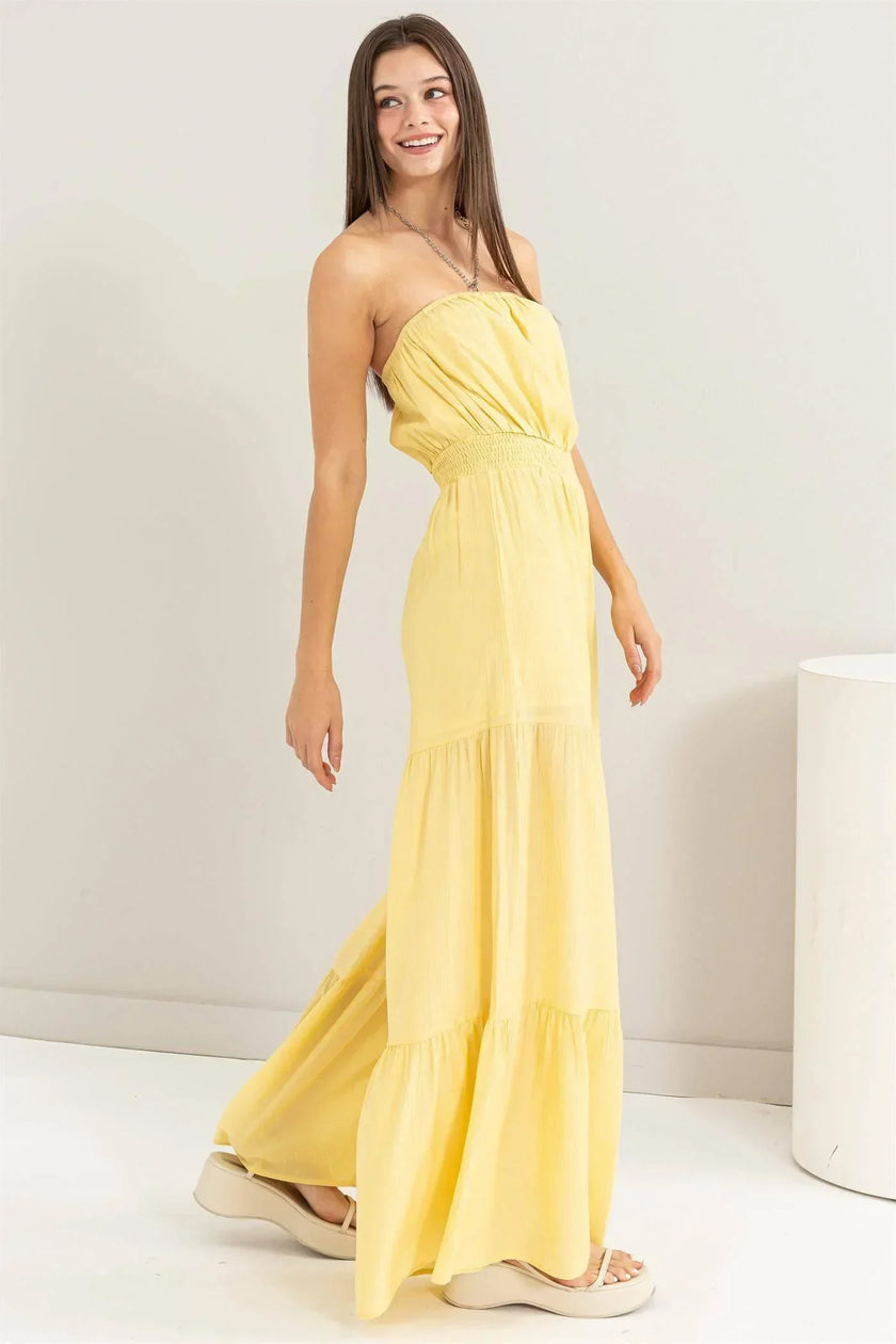 Serena’s Strapless Boho Textured Tiered Temptation Jumpsuit