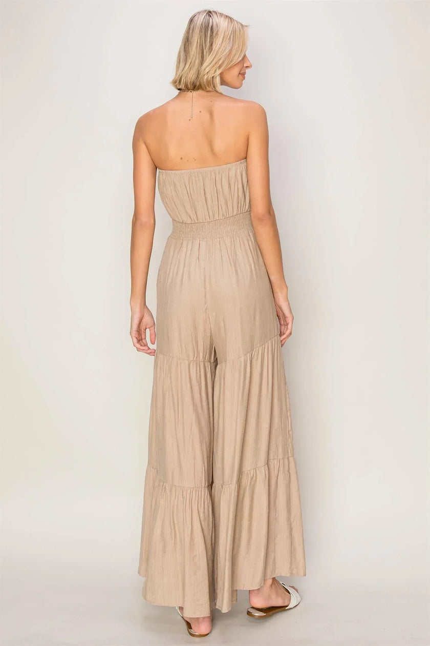 Serena’s Strapless Boho Textured Tiered Temptation Jumpsuit