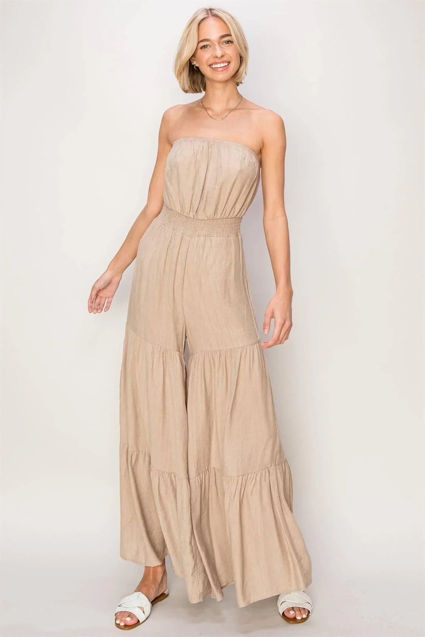 Serena’s Strapless Boho Textured Tiered Temptation Jumpsuit