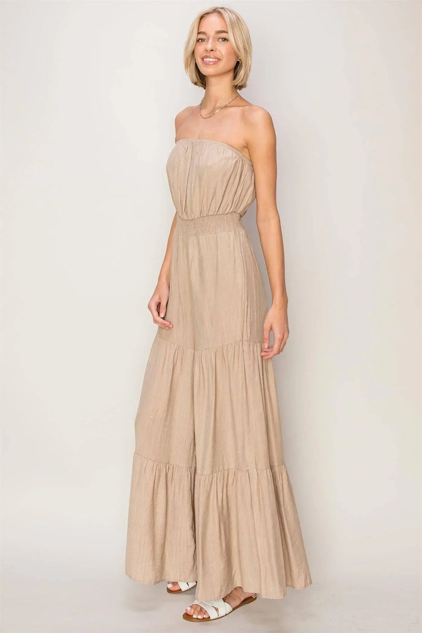 Serena’s Strapless Boho Textured Tiered Temptation Jumpsuit