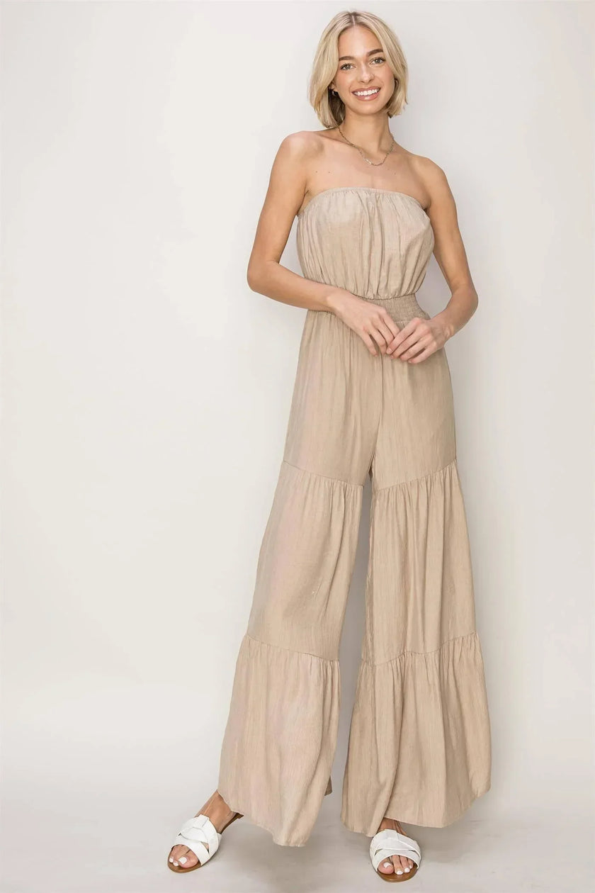 Serena’s Strapless Boho Textured Tiered Temptation Jumpsuit