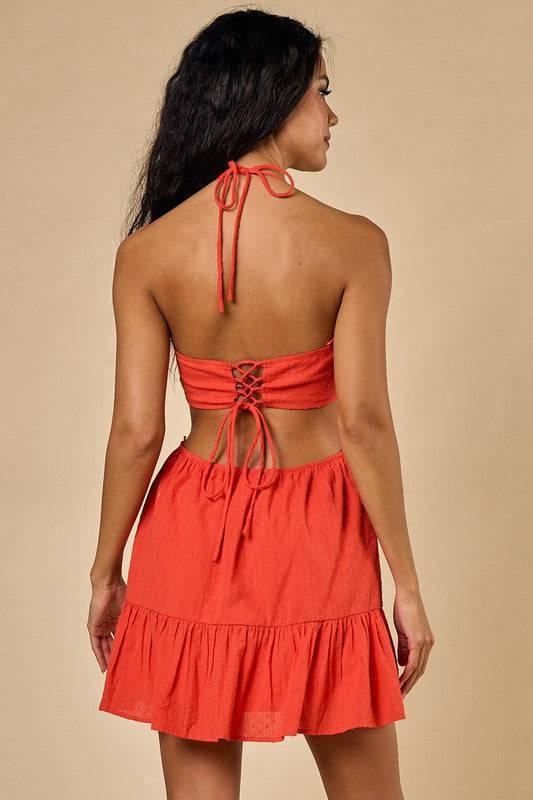 Coral Lace Scoop Back Juniors Dress