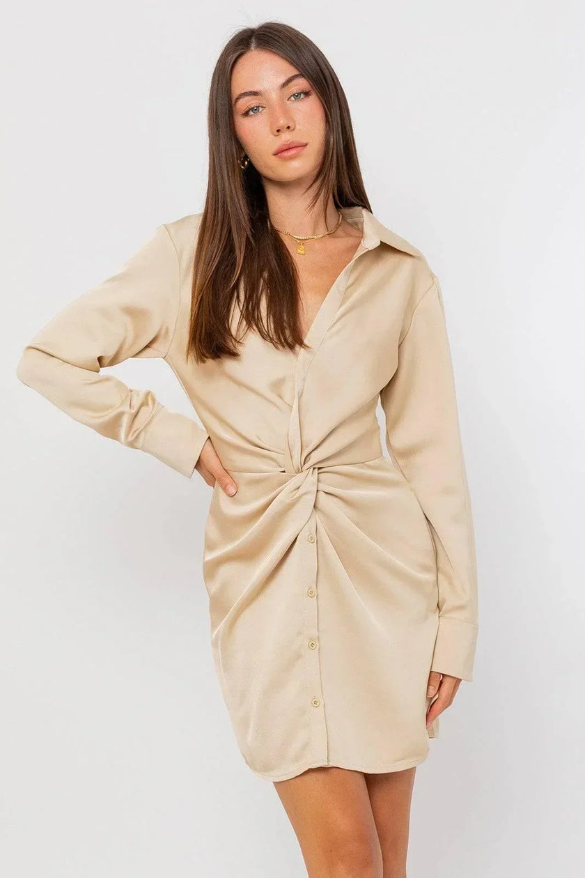 women gold satin twist front shirt dress cocktail event front view