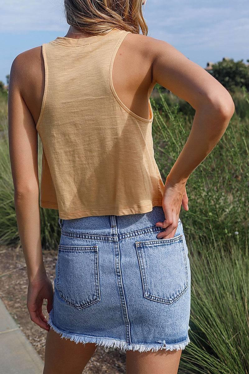 FRINGE WAIST HEM DENIM SKIRT