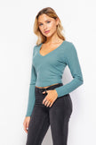Wide V Neck Ribbed Long Sleeve Tee
