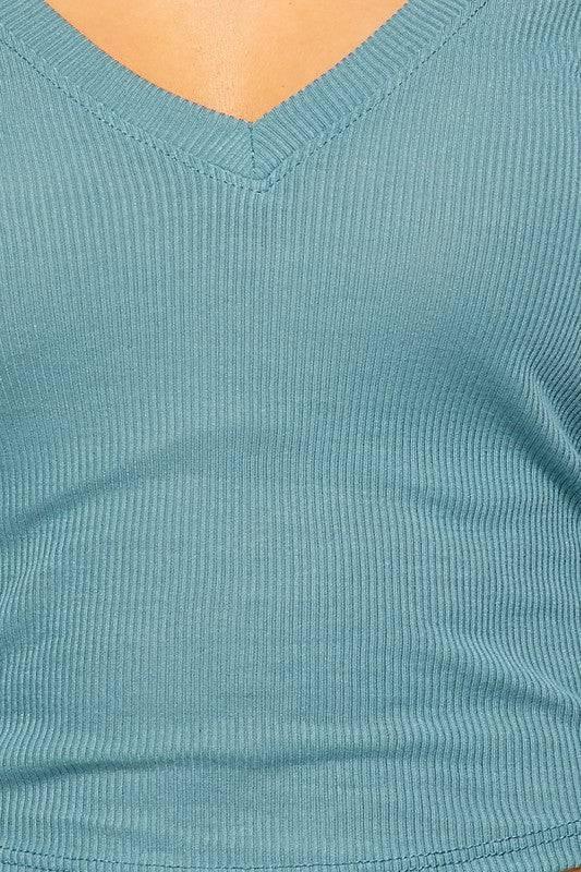 Wide V Neck Ribbed Long Sleeve Tee