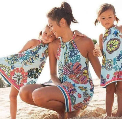 Mother and Daughter Matching Print Halter Boho Dress Summer Beach Outfit