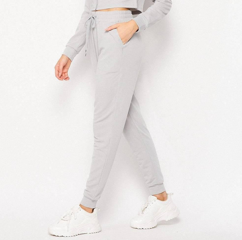 women gray hoodie jogger set athleisure outfit