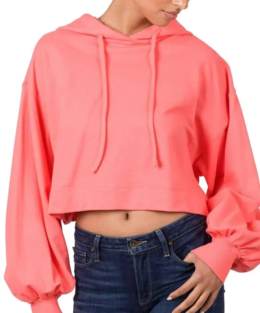 Carla Coral Cropped Top Drop Sleeve Hoodie