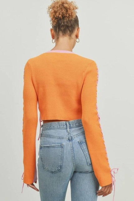 POL Chloe Color Block Lace up Sleeve Knit Sweater