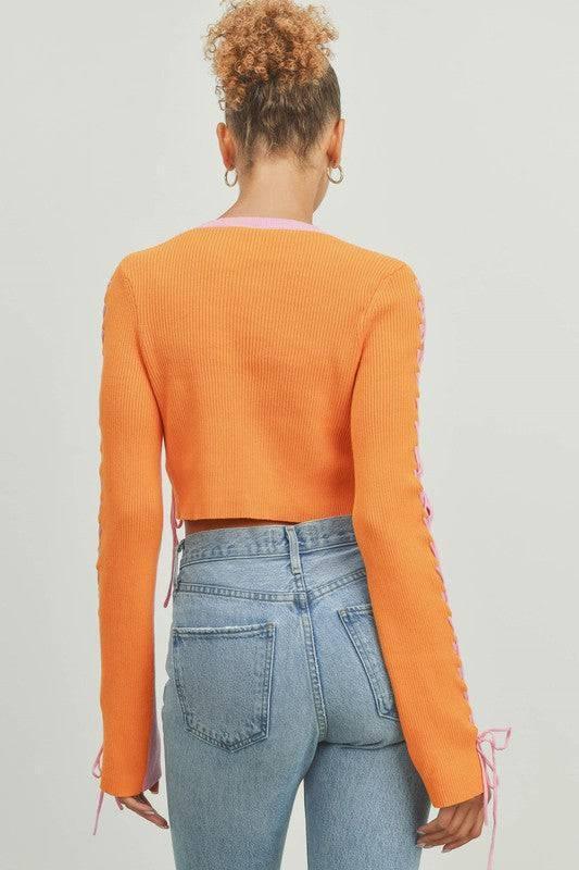 Chloe Color Block Lace up Sleeve Knit Sweater