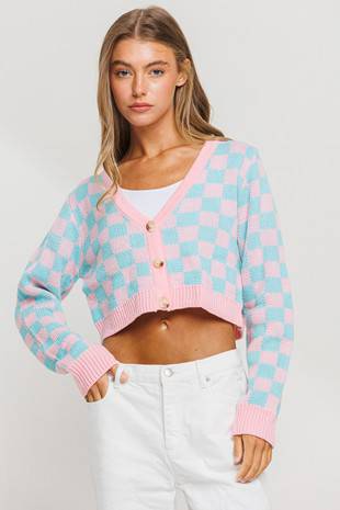 Disco Button Up Cropped Checkered Sweater