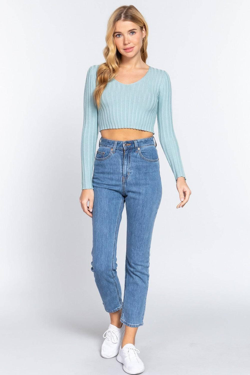 Mint Crop Knit V-Ncck Bodycon top