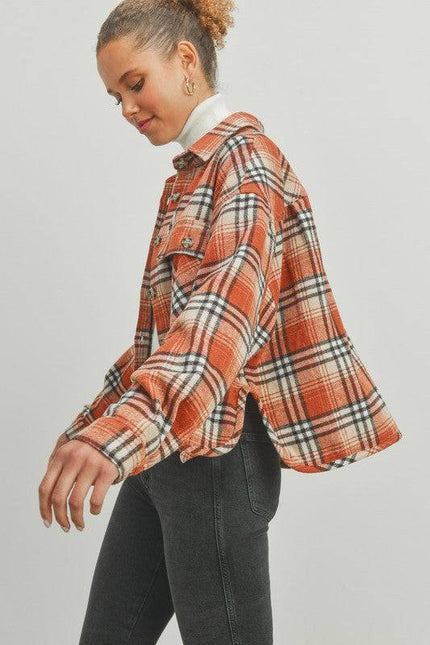 POL Plaid Crop Side Split Shacket