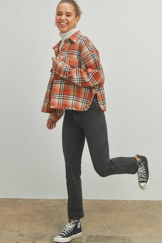POL Plaid Crop Side Split Shacket