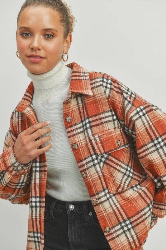 POL Plaid Crop Side Split Shacket