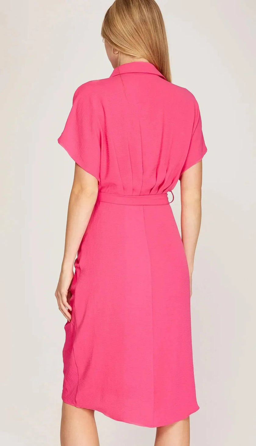 Delilah Drop Shoulder Button Down Wrap Midi Dress