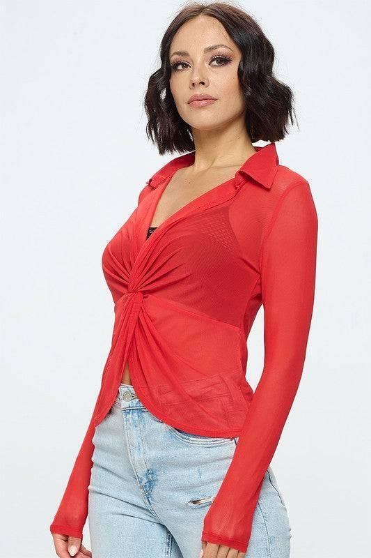 Sheri Long Sleeve Mesh Top With Twist Front