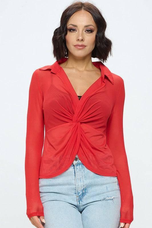 Sheri Long Sleeve Mesh Top With Twist Front