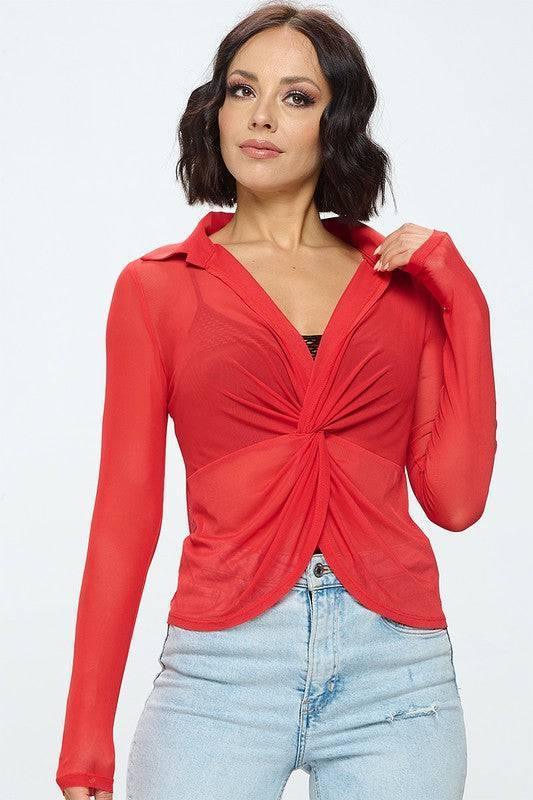 Sheri Long Sleeve Mesh Top With Twist Front