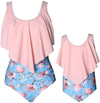 Mommy & Me Long Ruffle Bathing Suit,Tankini 2 Piece Set, Ruffle Swimsuit