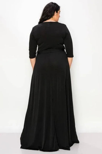Plus Solid Black V Neck Maxi Dress with Belt