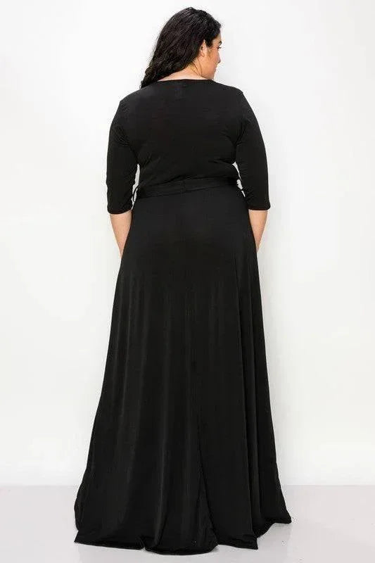 Plus Solid Black V Neck Maxi Dress with Belt