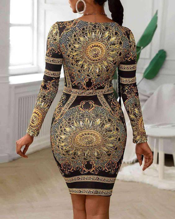 Retro Print Twisted Deep-V Midi Bodycon Dress