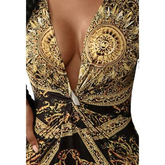 Retro Print Twisted Deep-V Midi Bodycon Dress