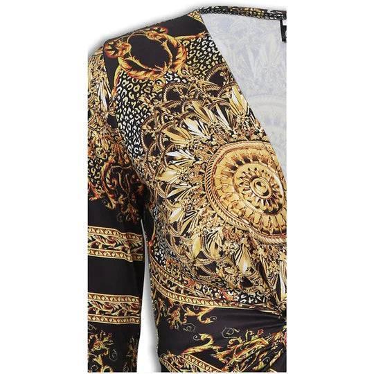 Retro Print Twisted Deep-V Midi Bodycon Dress