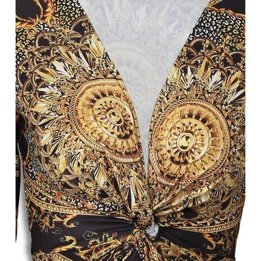 Retro Print Twisted Deep-V Midi Bodycon Dress