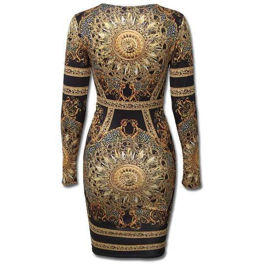 Retro Print Twisted Deep-V Midi Bodycon Dress