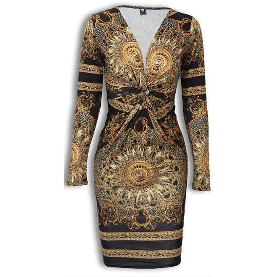 Retro Print Twisted Deep-V Midi Bodycon Dress
