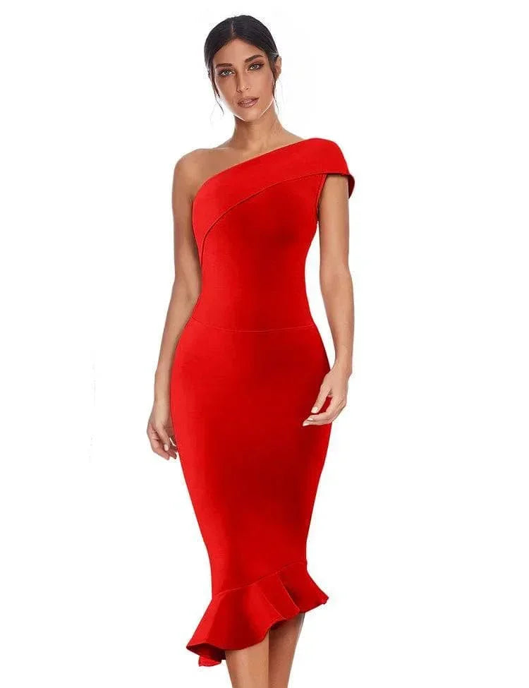 Woman's One Shoulder Bodycon Bandage Dress Mermaid Cocktail Midi Dresses