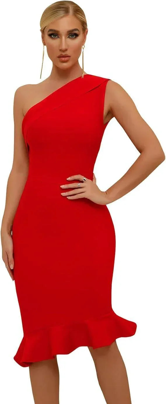 Woman's One Shoulder Bodycon Bandage Dress Mermaid Cocktail Midi Dresses