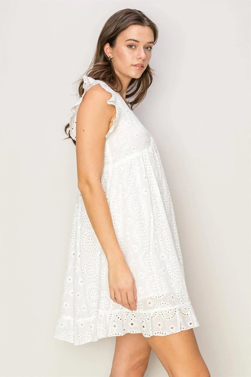 Easy On Me White Cotton Eyelet Mini Babydoll Dress