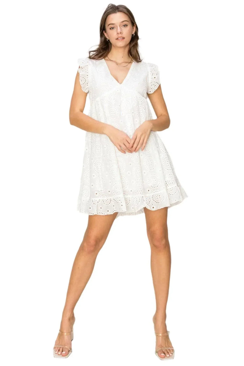 Easy On Me White Cotton Eyelet Mini Babydoll Dress