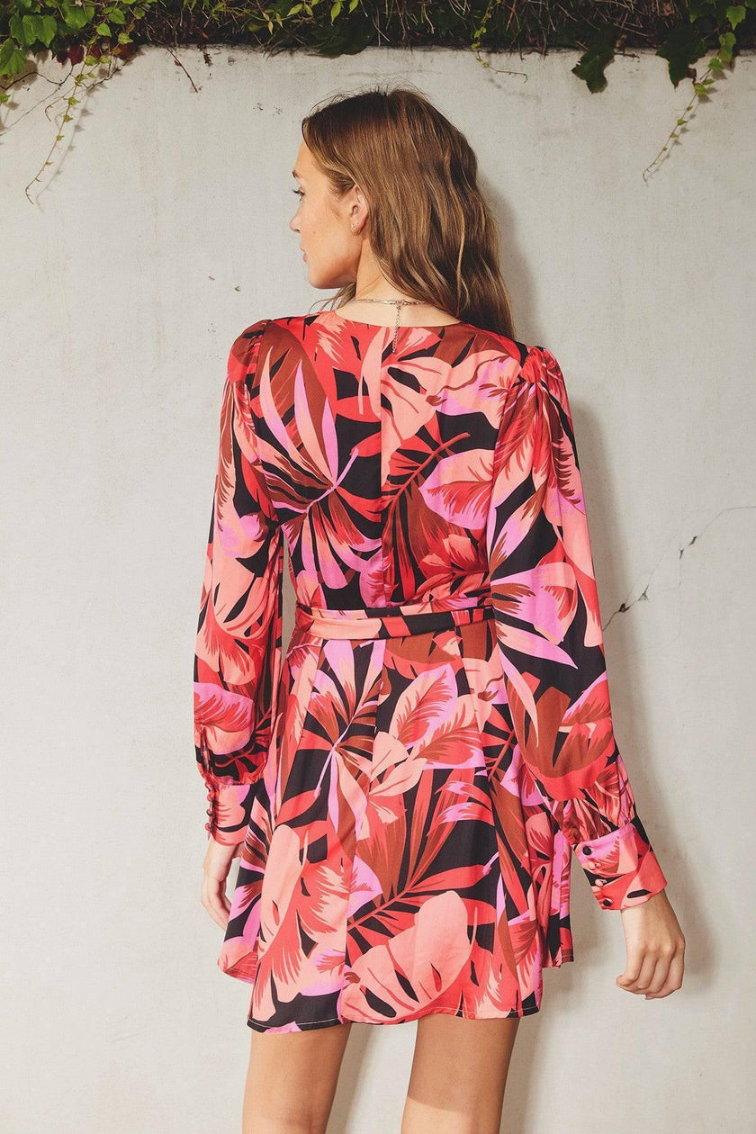 Tropical Floral Mini Wrap Dress with Surplice Neckline