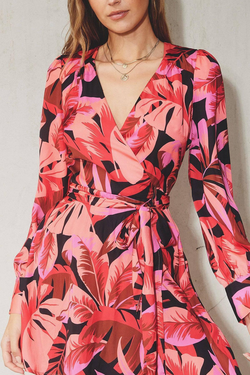 Tropical Floral Mini Wrap Dress with Surplice Neckline