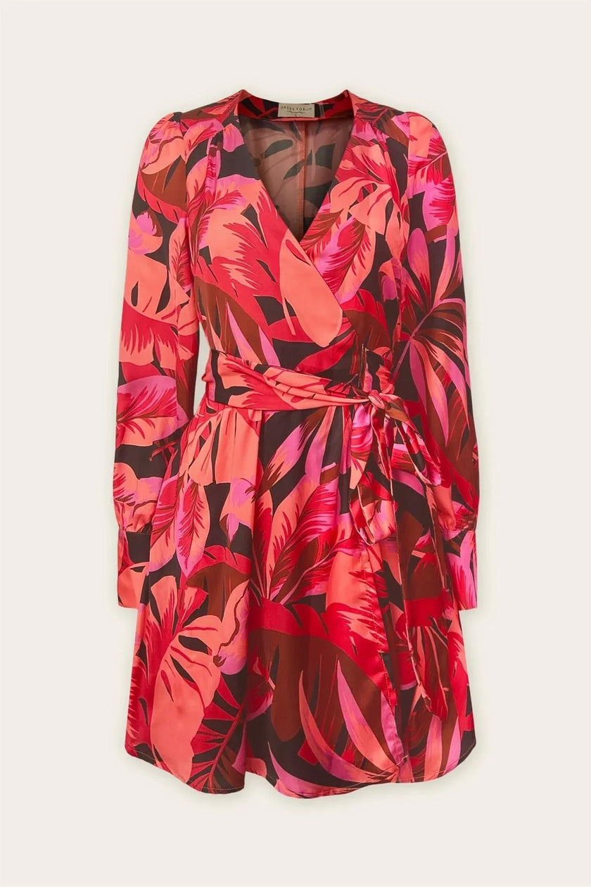 Tropical Floral Mini Wrap Dress with Surplice Neckline