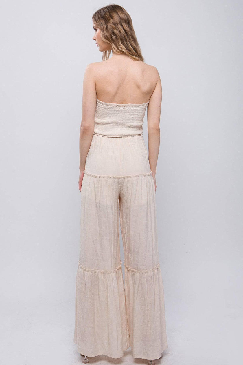 Radiant Allure: Strapless Chic Comfort Tube Tiered Jumpsuit
