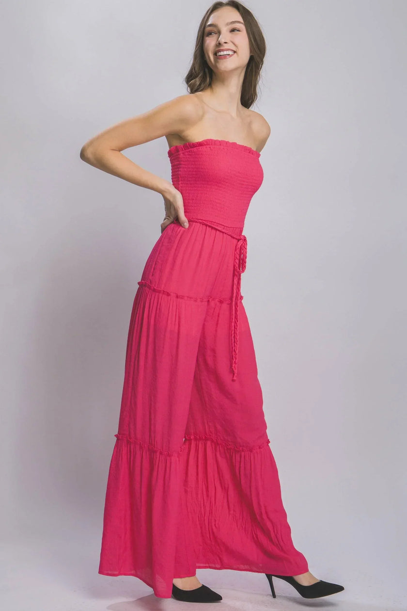 Radiant Allure: Strapless Chic Comfort Tube Tiered Jumpsuit