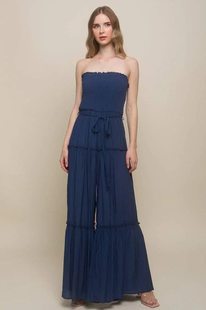 Radiant Allure: Strapless Chic Comfort Tube Tiered Jumpsuit