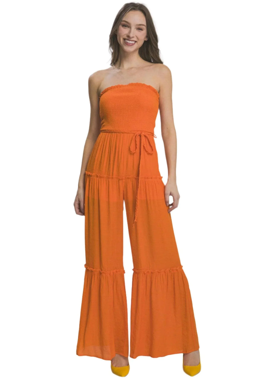 Radiant Allure: Strapless Chic Comfort Tube Tiered Jumpsuit